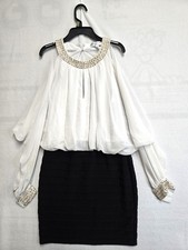 JOANNA CHEN BLK/WHITE JEWELED COLLAR/CUFFS OPEN SHOULDER DRESS IN SZ 8
