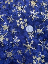 Christmas Sparkling Gold Snowflakes On Blue Cotton Fabric BTY