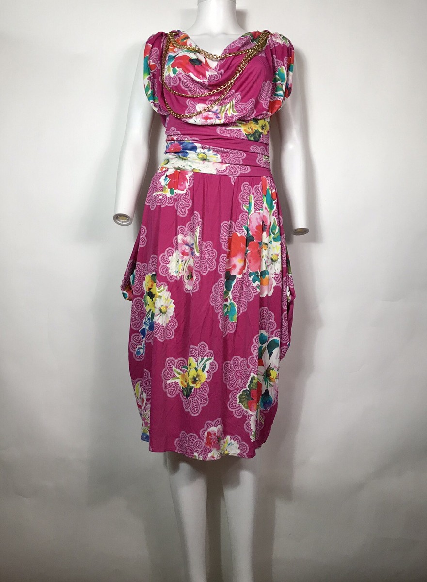 dolce and gabbana pink floral dress Vtg Dolce & Gabbana D&G Pink Floral Gold Chain Dress M