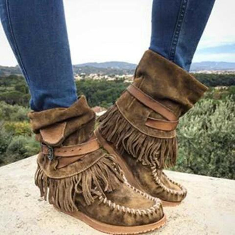 Ladies Flat Tassel Moccasin Boots Pull 