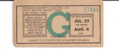 1945 Roanoke Railway & Electric Company Wochenkarte Sicherheit Motor Transit Corp.
