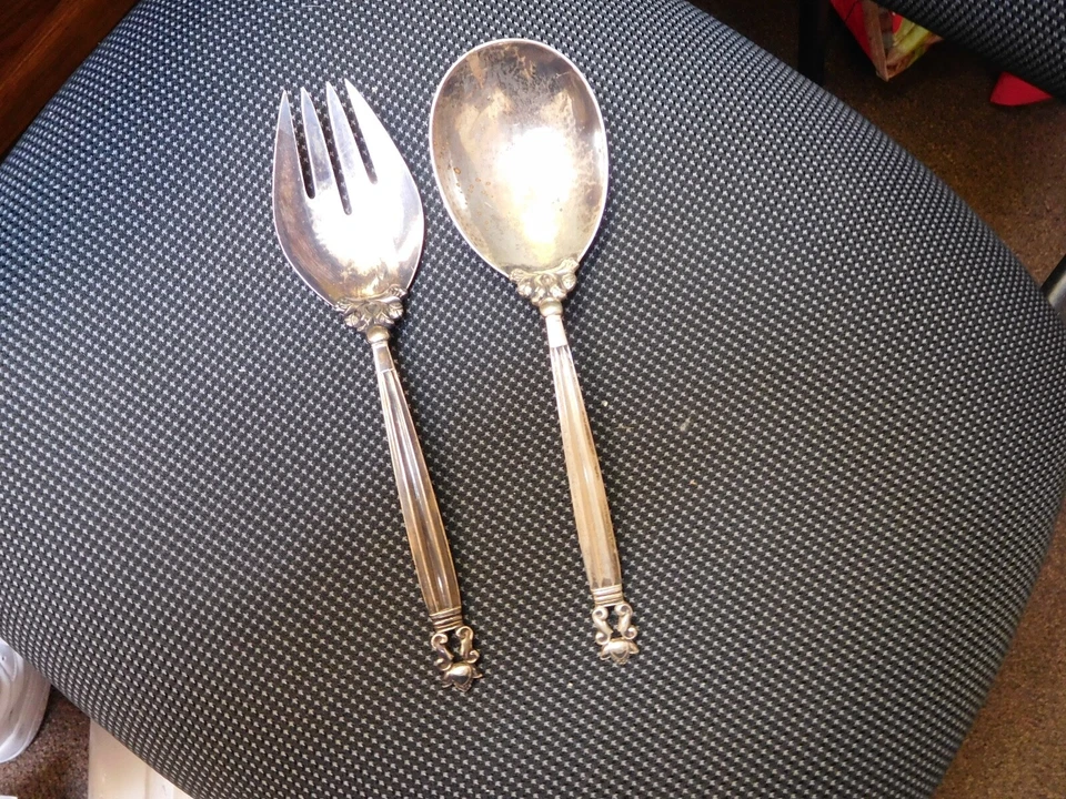 Cuchara y tenedor vintage de plata esterlina Georg Jensen, bellota Foto 2 de 4