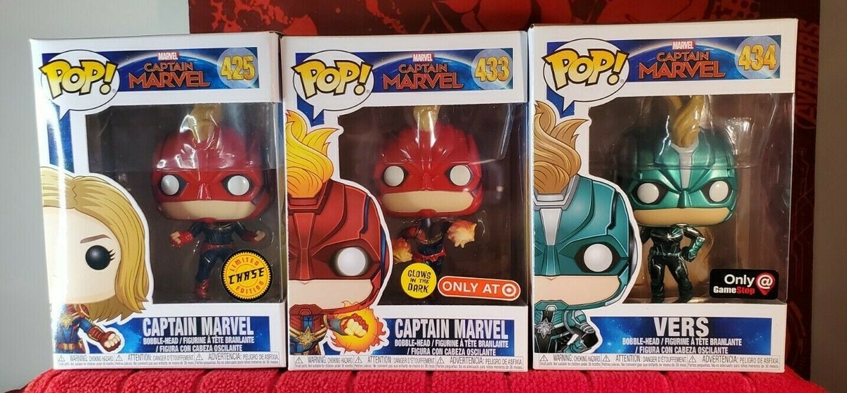 Funko Pop! Captain Marvel Set - Capt Marvel (Chase), #433 (GITD) ,VERS #434