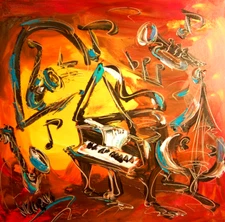 BRIGHT JAZZ ROOM   SIGNED CANVAS - STRETCHED painting original