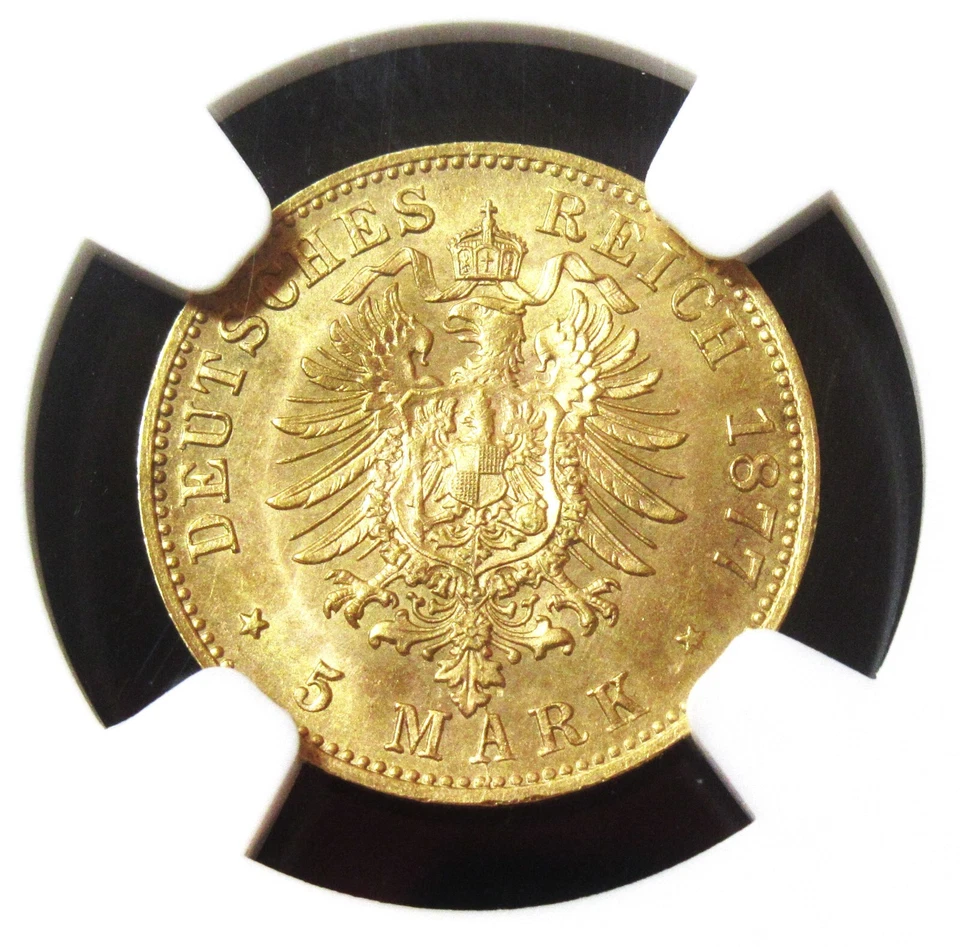 Estados alemanes Sajonia Alberto oro 5 marcos 1877-E MS66 NGC, Dresde como nuevo Foto 2 de 4