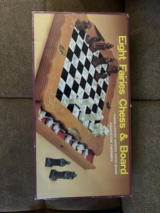 Unopened EIGHT FAIRIES CHESS SET, HAND-CARVED PIECES, BOARD, CASE AND DRAWERS