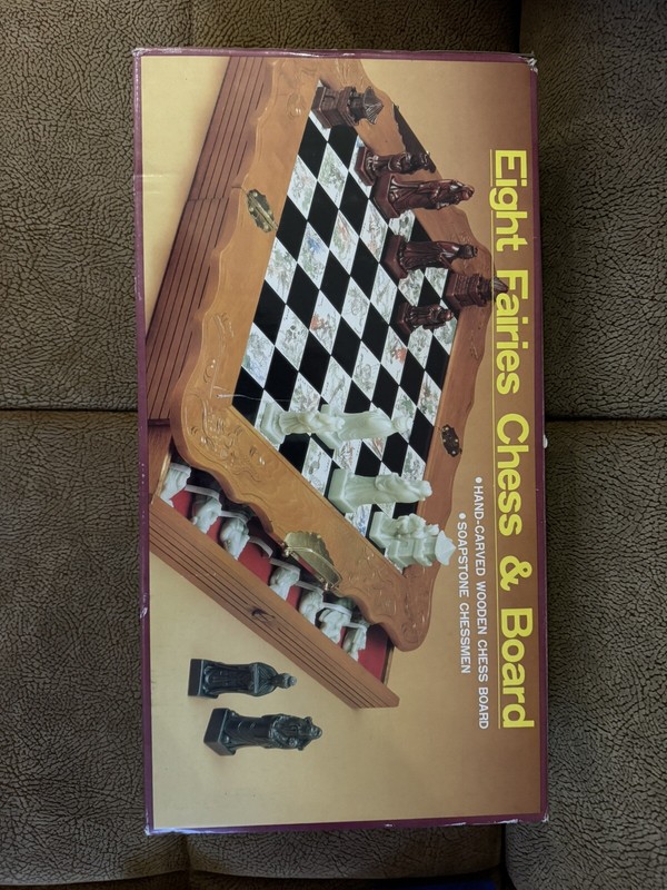 Unopened EIGHT FAIRIES CHESS SET, HAND-CARVED PIECES, BOARD, CASE AND DRAWERS