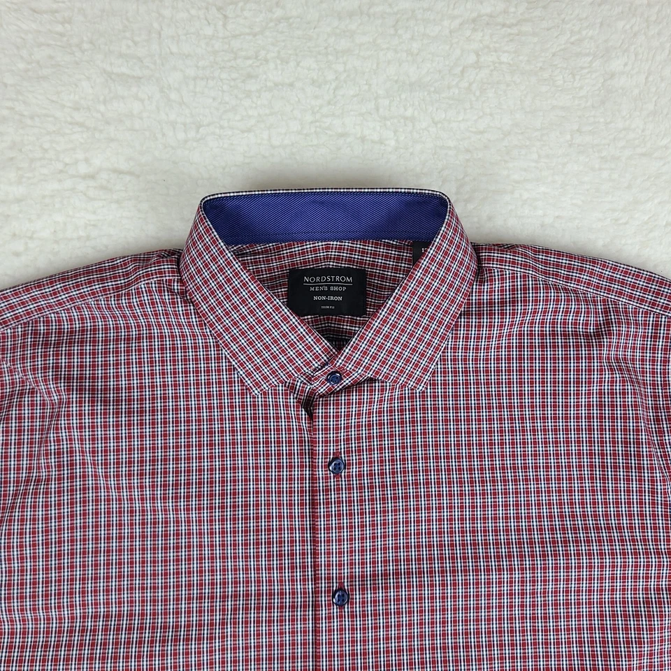Camisa Nordstrom Para Hombres 17 Rojo Azul Cuadros Sin Hierro Ajuste Vestido Abotonado Foto 3 de 4