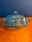 Depression Glass Cabbage Rose Blue Butter Dish