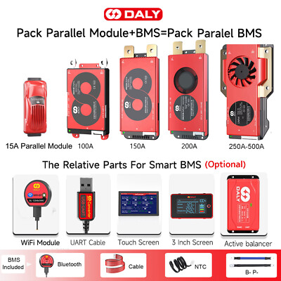 Daly BMS 4S-16S 100A-500A LiFePo4 Akku Pack 15A Parallel BMS+Bluetooth Module