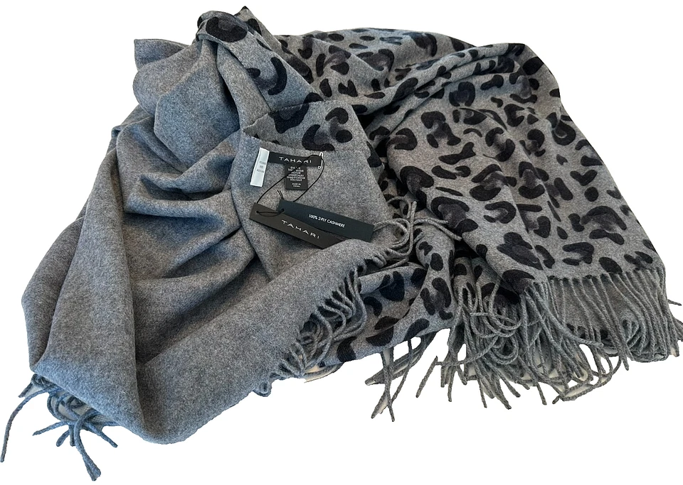 TAHARI 100% 2 PLY CASHMERE 动物印花 灰色/黑色 Throw Blanket 全新带标签 — 第 2/4 张图片