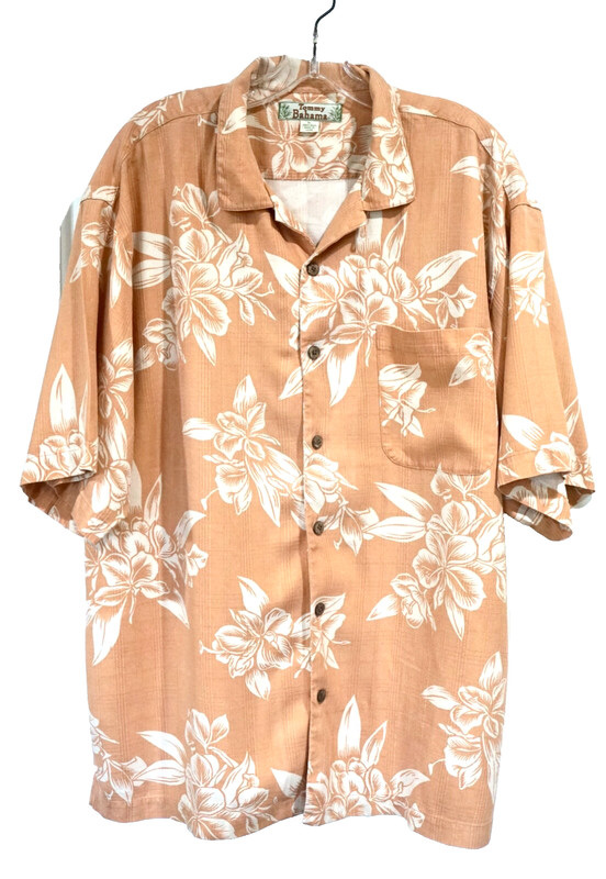 Tommy Bahama Men's SS 100% Silk White & Peach Floral Buttoned Hawaiian Shirt, XL
