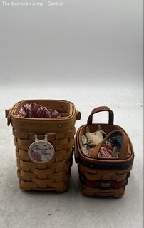Longaberger Brown Wooden Hand Woven Baskets With Liner And Doll Lot Of 2