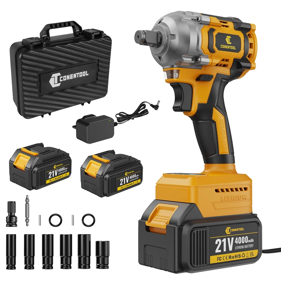CONENTOOL 1/2" 1000 Nm Cordless Impact Wrench Brushless Impact Gun 2 in 1 with 2 Batteries