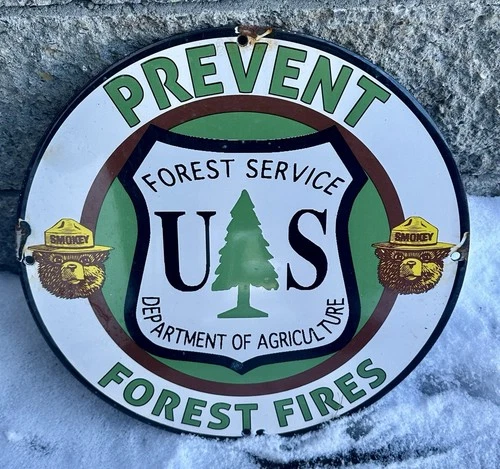 Vintage Smokey Bear Prevent Forest Fires Porcelain Sign - US Forest Service Sign