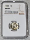 1950 D ROOSEVELT DIME 90% SILVER CERTIFIED NGC MS 67 FT MS67FT DENVER MINT COIN