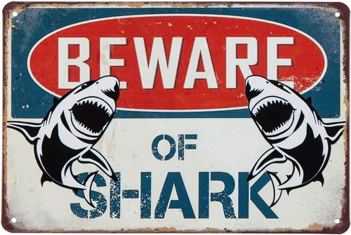 Beware of Shark Vintage Metal Tin Sign 12x8 Retro Beach Wall Decor