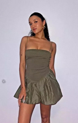 SZ S M ZARA Contrast Ribbed Poplin Puff Balloon Dress Khaki Green 4174/347  NEW | eBay