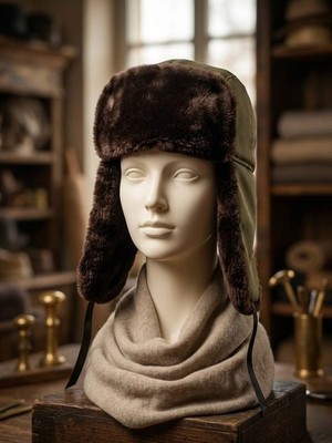 Vintage Russian Ushanka Hat Olive Green - Winter faux fur cap - high quality