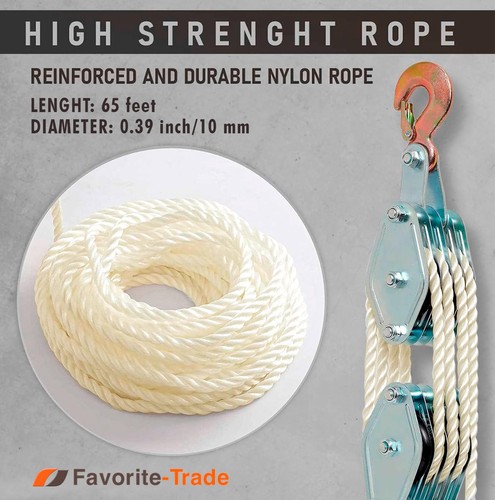 Poly Rope Paranco Puleggia Blocco, 6000-8000 LB 2 Ton 65 Piedi da 3/8", 7:1 Liftin... - Foto 5 di 8
