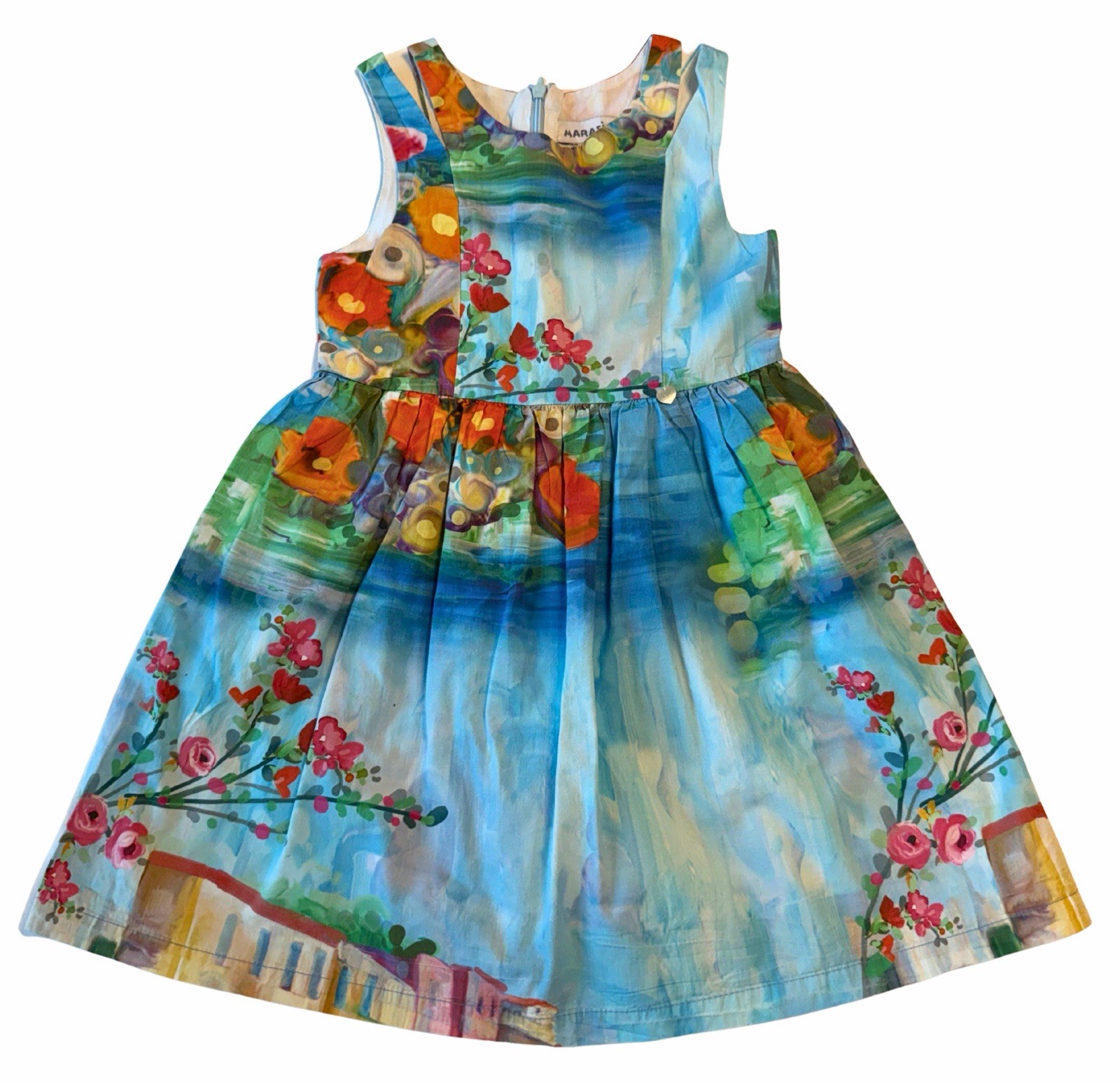 Marasil Girls Dress Size 4Y 100% Cotton Colorful Floral Art Print Travel Twirl