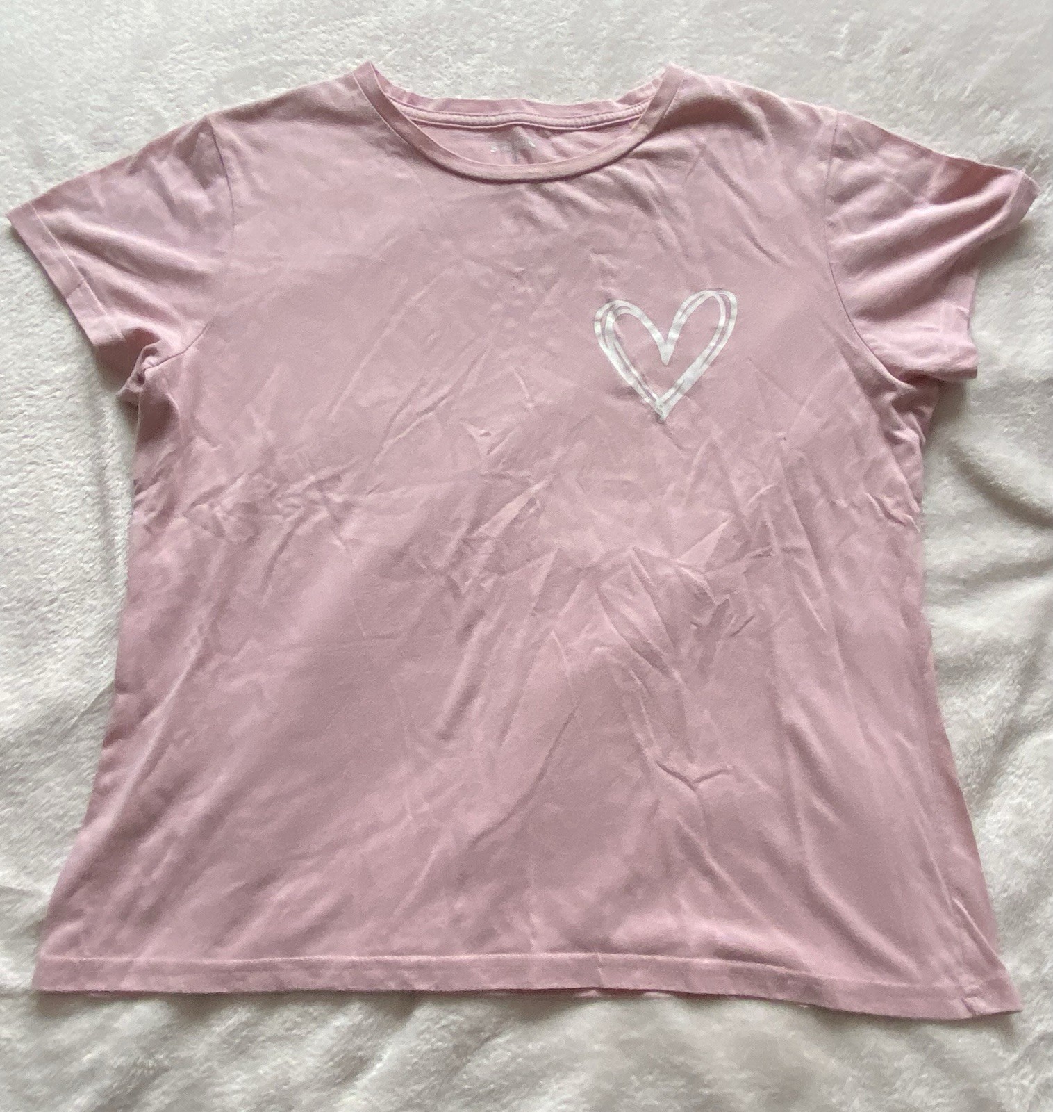 Pale Pink And White Heart Shein Short Sleeved Spring Top - Size Extra Large