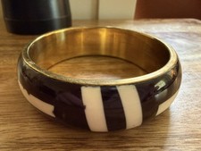 Vintage Brass Enamel Bangle Bracelet Black Wh...