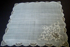 Antique Wedding Handkerchiefs hand Punto Quadro lace w emb/ry festooned hem 2