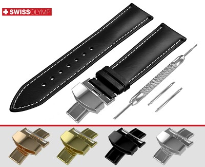 For ZENITH Flat Black Genuine Leather Watch Strap Band For Clasp Buckle Pins