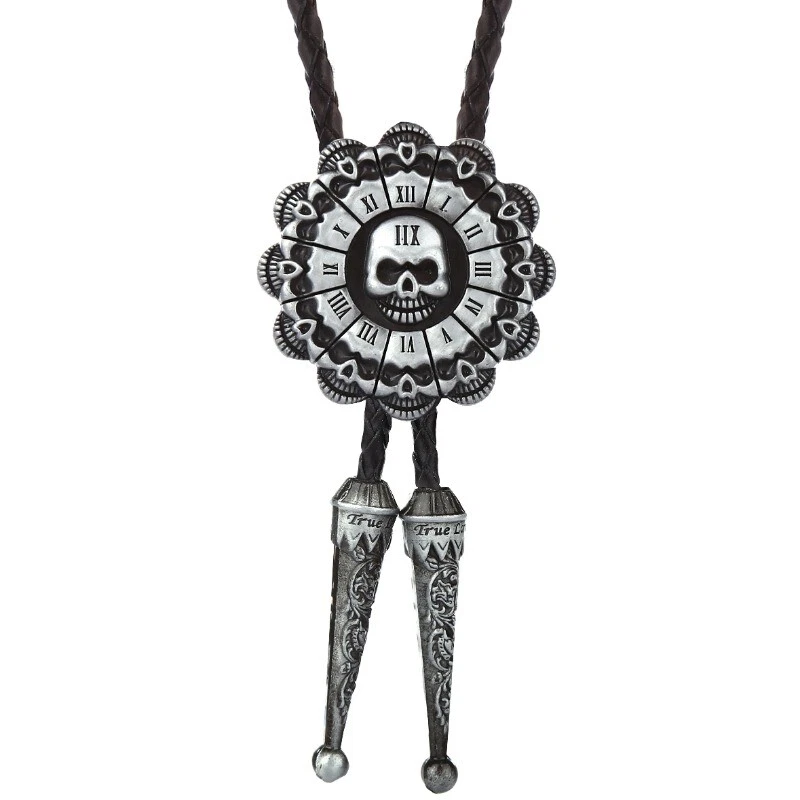 Vintage Mens BOLO Tie Sunflower Skull Necklace Alloy Leather Rope Western Cowboy - Image 2 of 3
