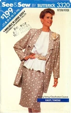 Butterick See & Sew 3320 Jacket, Blouson Top & Tapered Skirt SUIT Sz 6-14 UNCUT