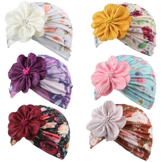Flower with Pearl Infant Toddler Kids Turban Bonnet Beanie Hats Baby Headband