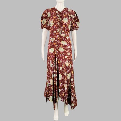 ULLA JOHNSON Größe 4 Heleen Weinrot Mehrfarbig Seide Geblümt Kurzärmliges Kleid
