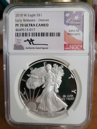 2018 W PF70 Silver Eagle NGC Mercanti - Flag Label - Early Releases Denver