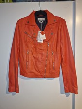 Stradivarius Orange Genuine Leather Women's Zip Biker Jacket - Small