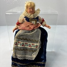 Vintage 8" Celluloid French Costume Doll Traditional Outfit Blue Velvet Blonde