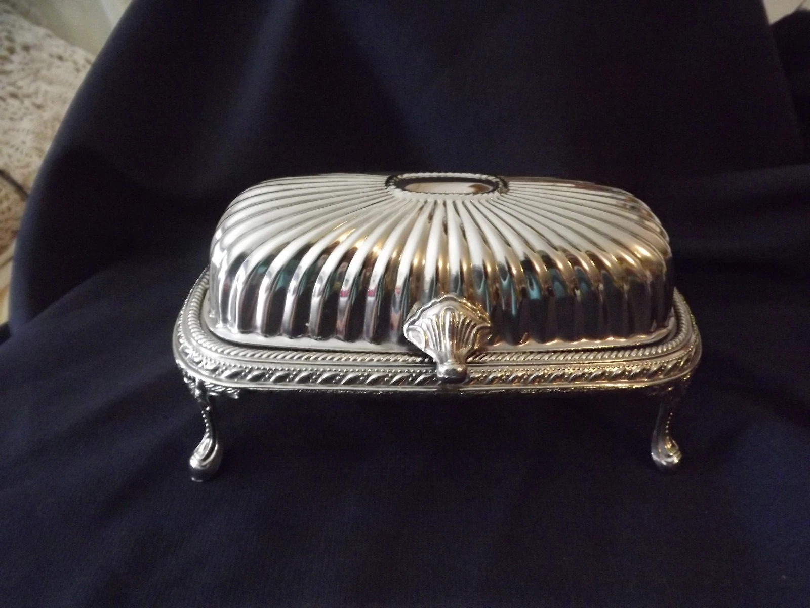 VTG silver plated ROLL TOP BUTTER DISH with dome lid and glass insert MCM 4 LEGS