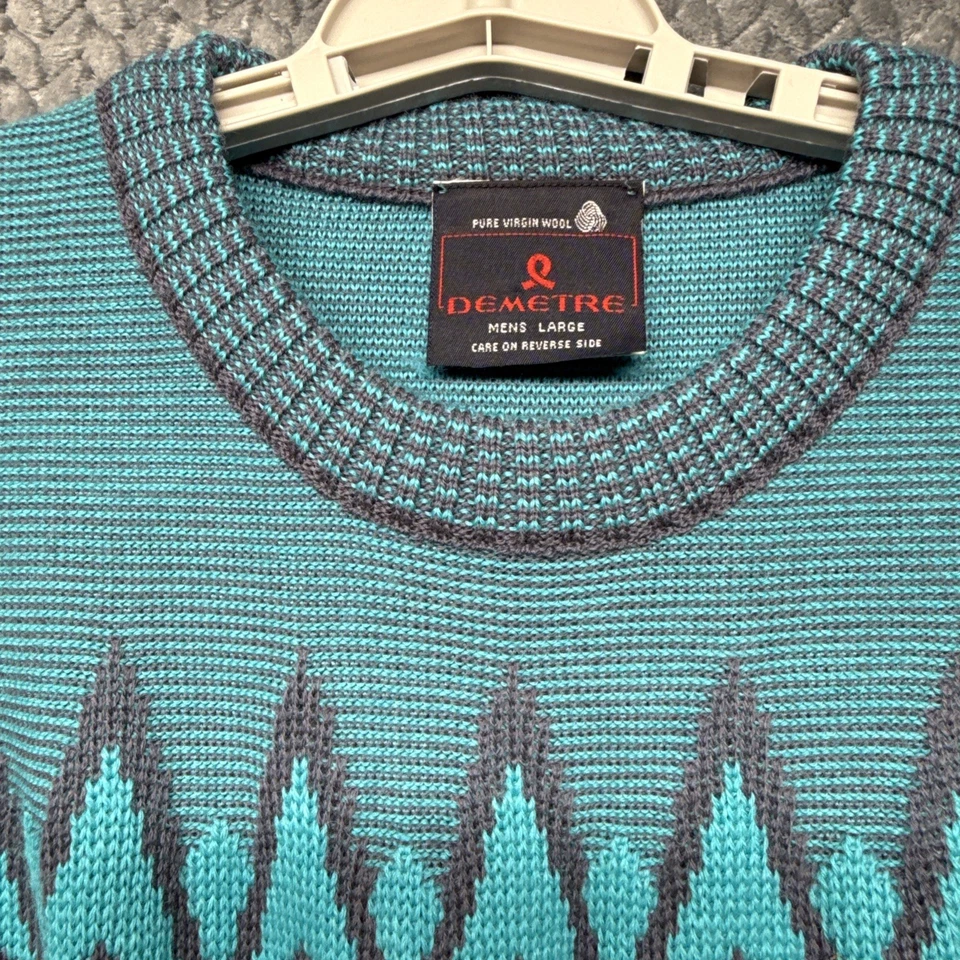VTG Demetre 100% Wool Sweater Men Large Teal Blue Geometric Knit Made In USA - Image 3 of 4