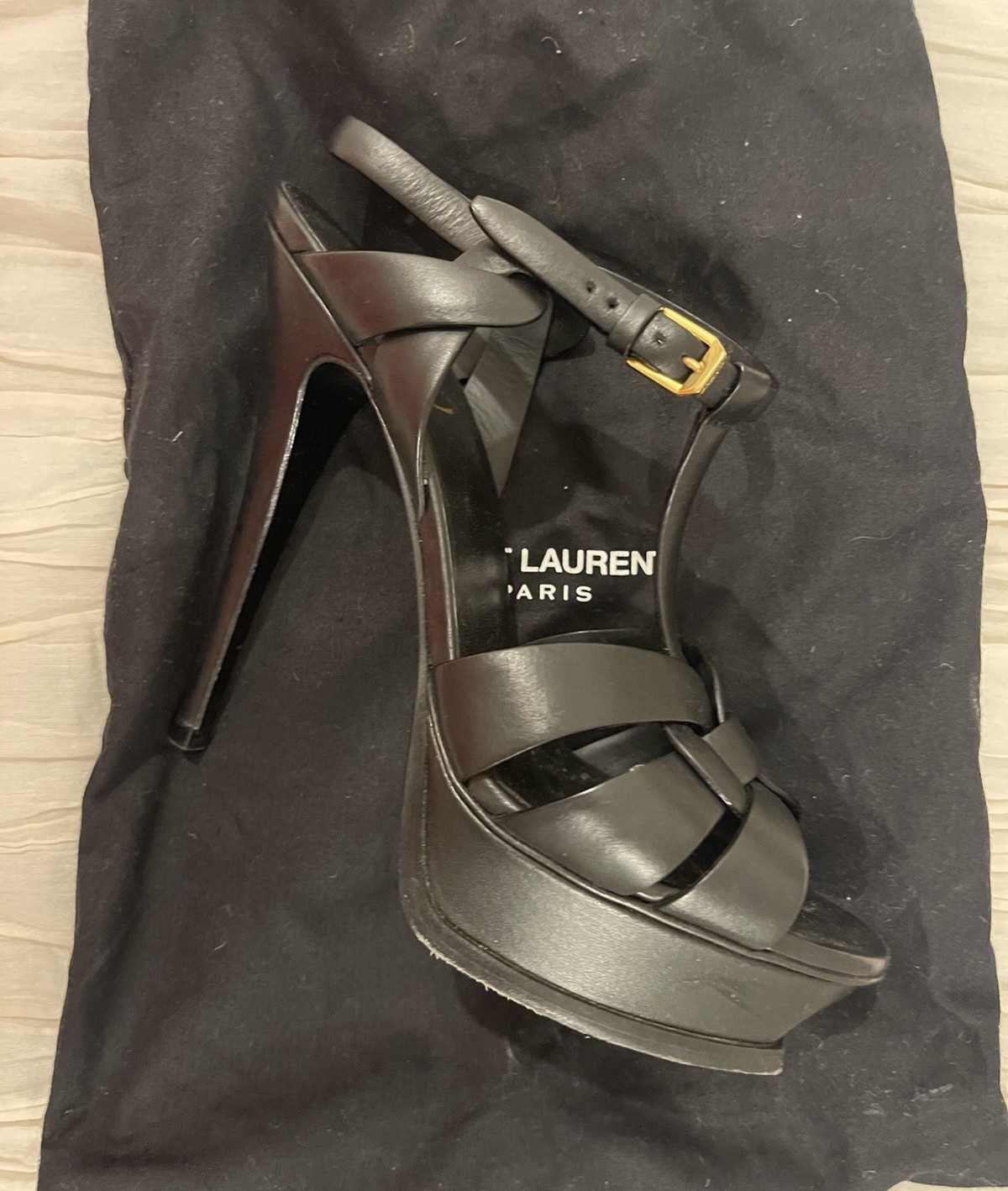Saint Laurent Black Leather Tribute Platform Ankle Strap Heels EU 39.5 UK 6