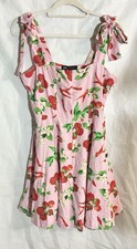 Zara Pink Cherries Mini Dress Sz M Wide Strap Bows Novelty Vaca Resort Club