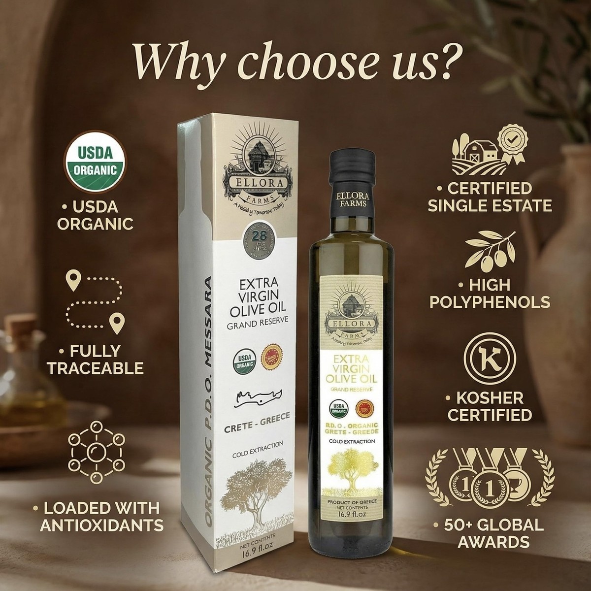 Organic Greek Extra Virgin Olive Oil, Single Estate PDO Messara