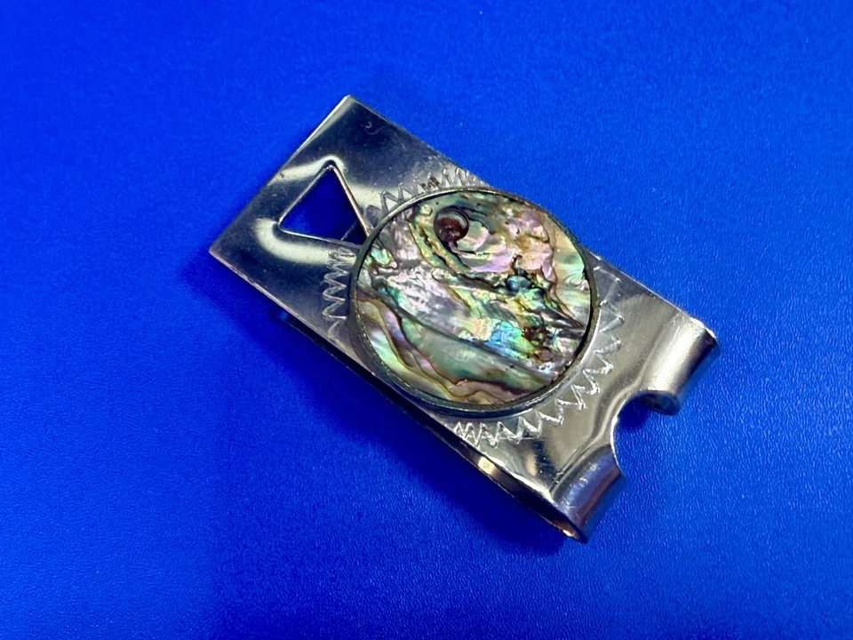 Round Abalone Shell Mother of Pearl Vintage Signed Mexico Money Clip - Image 2 of 4