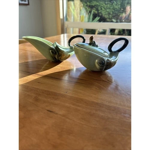 Vintage HULL Pottery MCM 1950's Parchment & Pine Green Creamer & Sugar Bowl