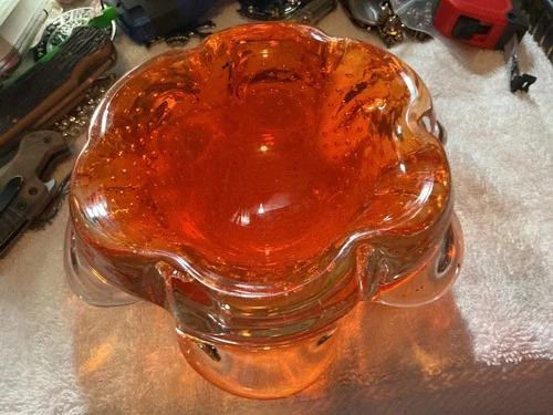 Vintage Murano Glass Ashtray Ruffled Red Orange 4+LBS Collectible Italian Italy