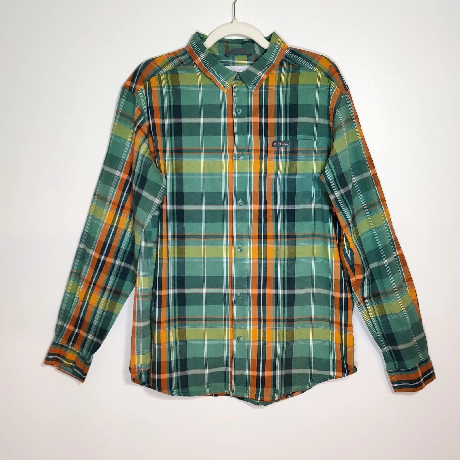 Men’s Columbia Green Plaid Cotton Long Sleeve Shirt Size L Outdoor Gorpcore
