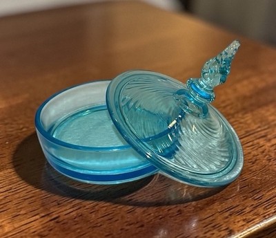 Vintage Tiffin Milady Blue Glass Powder Jar Container W/Lid For Vanity Set 1930s