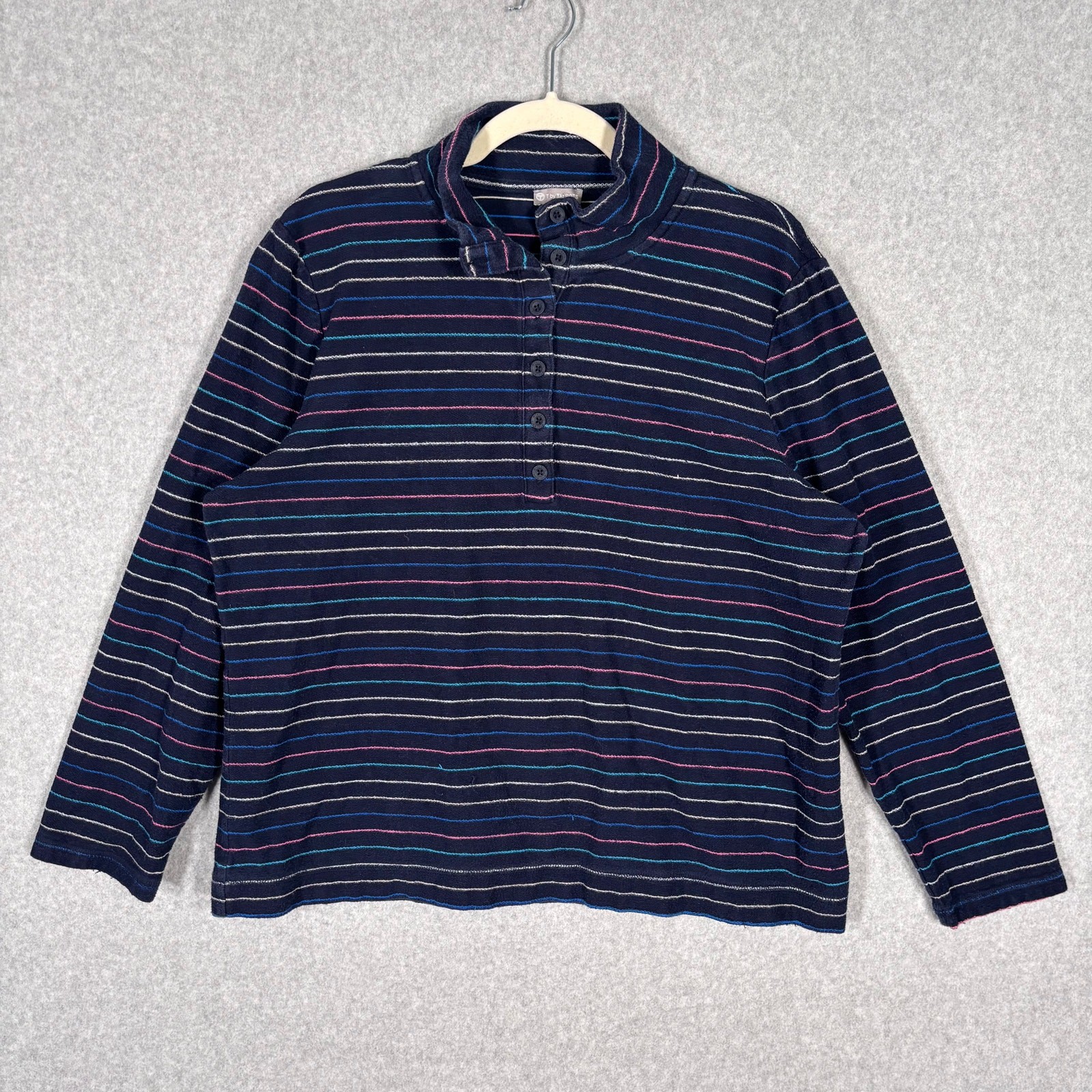 Talbots Shirt XL Navy Polo Striped 1/4 Button Stretch Terry Cloth Cotton Casual