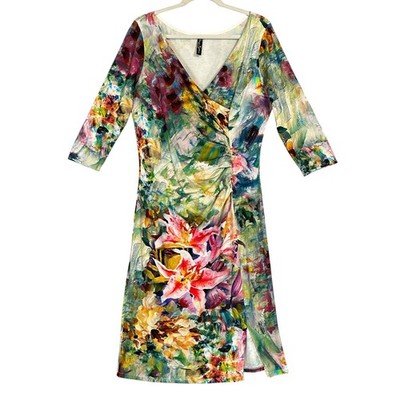 Elana Kattan Dress Faux Wrap L Ruched Stretch Fitted Floral Art Boho USA  Y2K