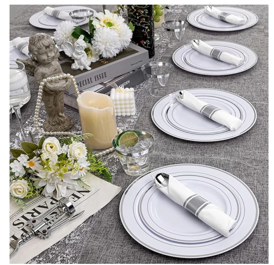 350 Pc Set- Silver Plastic Plates Disposable Silverware & Cups Set for 50 Guests - Image 4 of 4