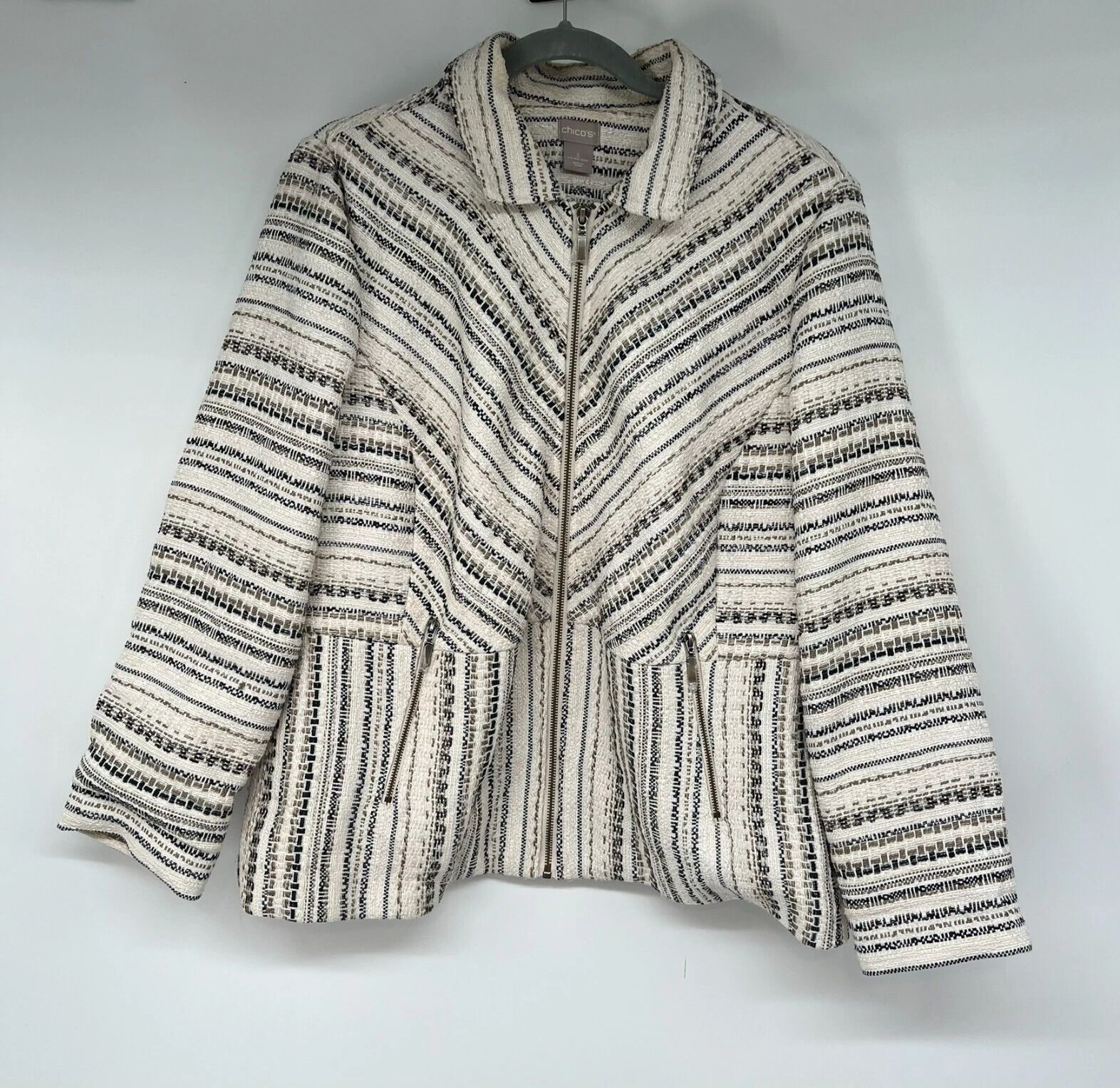 OFF WHITE Chicos giacca blazer donna 3 16 XL bianco sporco nero zip righe tweed peplo